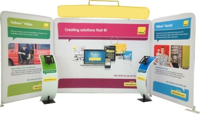 Walls in three sections and combined with header graphic and iPad stands