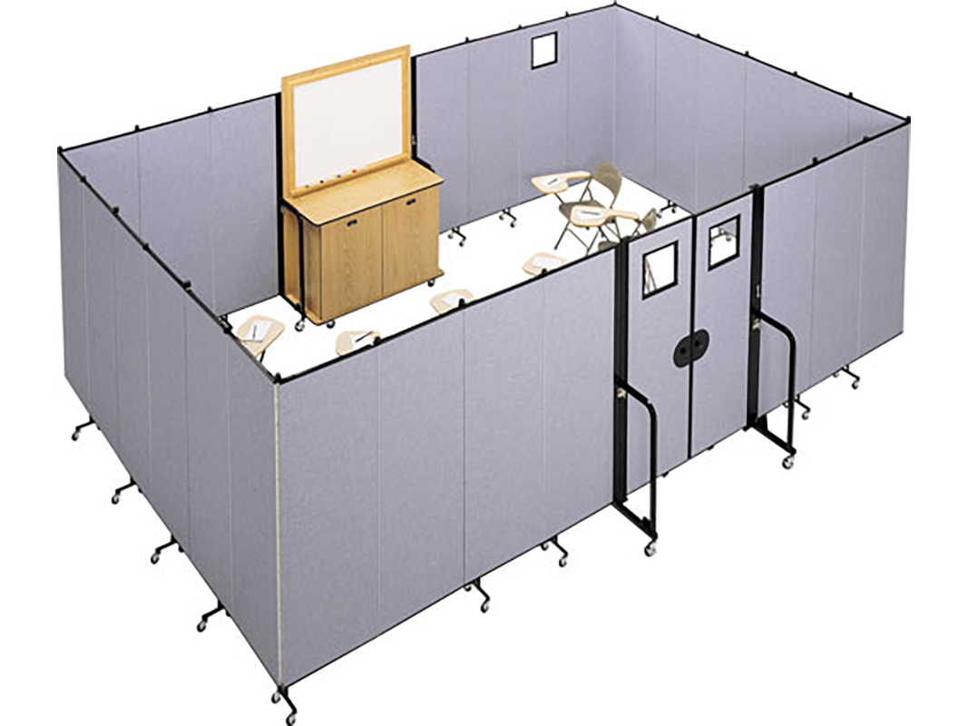 A temporary classroom constructed with Screenflex room dividers. Doors are also available.