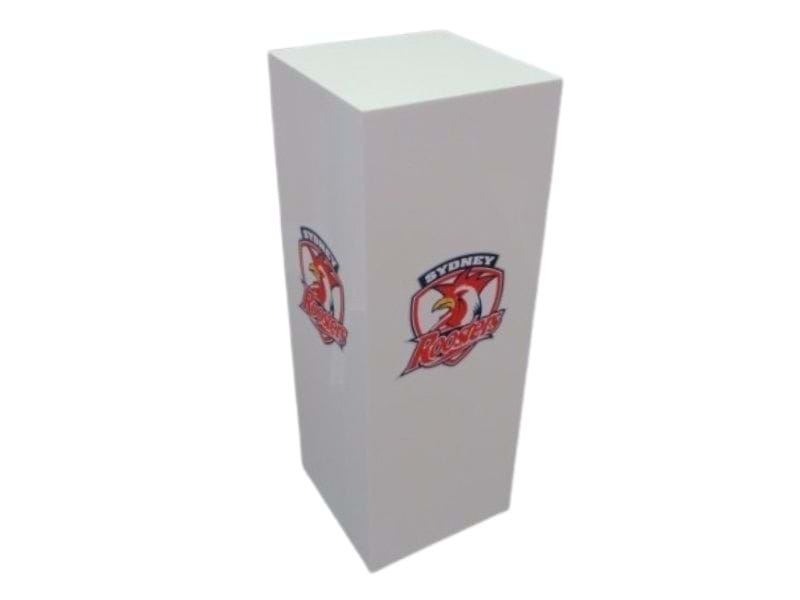 White acrylic plinth, standard size, with profile-cut logo