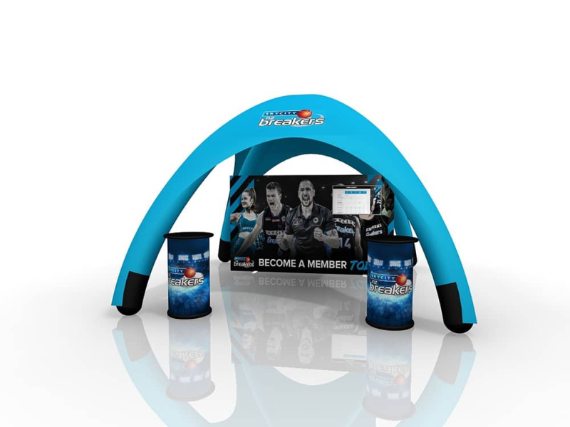 3m gazebo with printed backdrop and inflatable pedestals