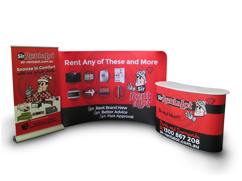 Curved shopping centre pop-up display with counter