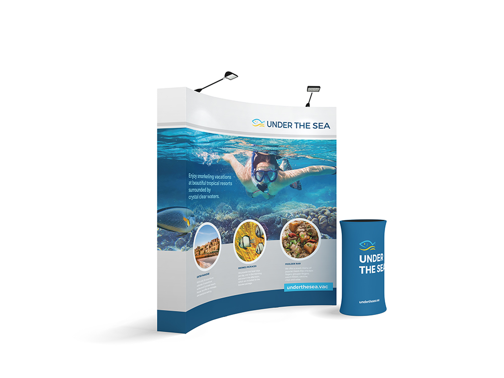 2.3m wide portable backdrop with counter and spotlights