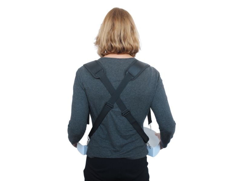 Adjustable straps include comfort padding for shoulders